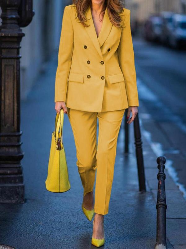 Women's Solid Double Button Shawl Collar Blazer & Pants Two-piece Set, Elegant Fashion Casual Outfits for Work Office Business, Ladies Spring & Fall Clothes